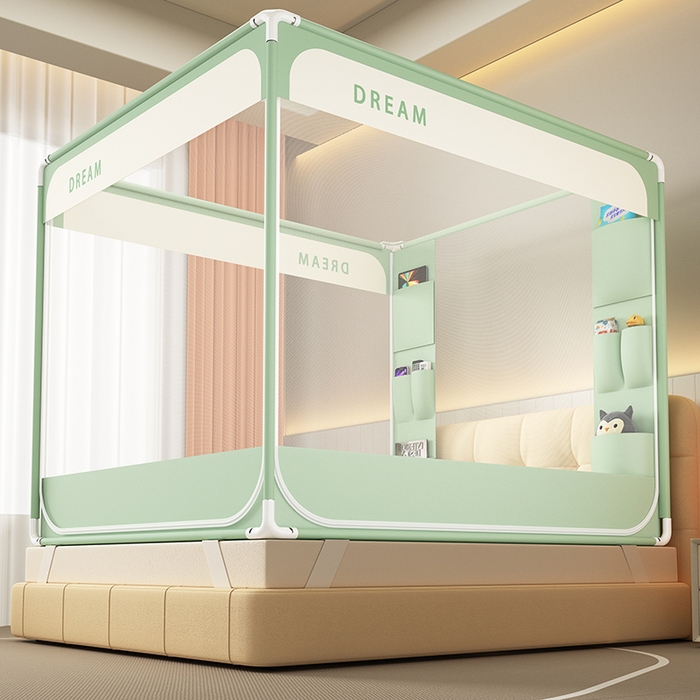 91家纺网 家纺一手货源 找家纺 富莱星蚊帐 2026新款双丝加厚坐床蚊帐大力士围栏擎天柱支架-梦境 梦境-绿