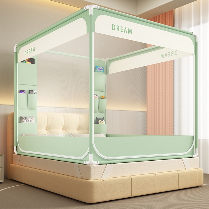 91家纺网 家纺一手货源 找家纺 富莱星蚊帐 2026新款双丝加厚坐床蚊帐大力士围栏擎天柱支架-梦境 梦境-绿