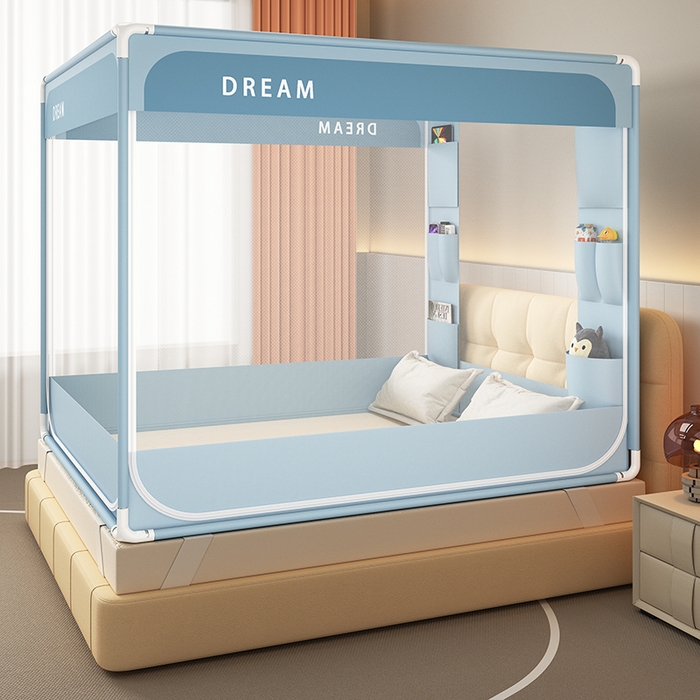 91家纺网 家纺一手货源 找家纺 富莱星蚊帐 2026新款双丝加厚坐床蚊帐大力士围栏擎天柱支架-梦境 梦境-深蓝