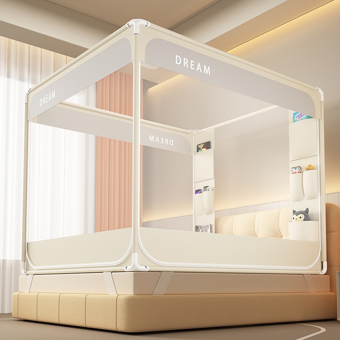 91家纺网 家纺一手货源 找家纺 富莱星蚊帐 2026新款双丝加厚坐床蚊帐大力士围栏擎天柱支架-梦境 梦境-卡其