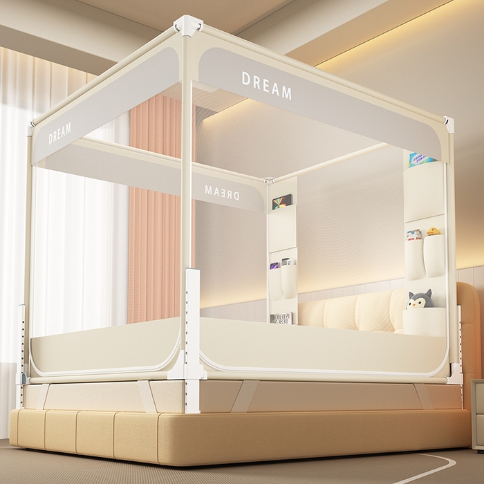 91家纺网 家纺一手货源 找家纺 富莱星蚊帐 2026新款双丝加厚坐床蚊帐大力士围栏擎天柱支架-梦境 梦境-卡其