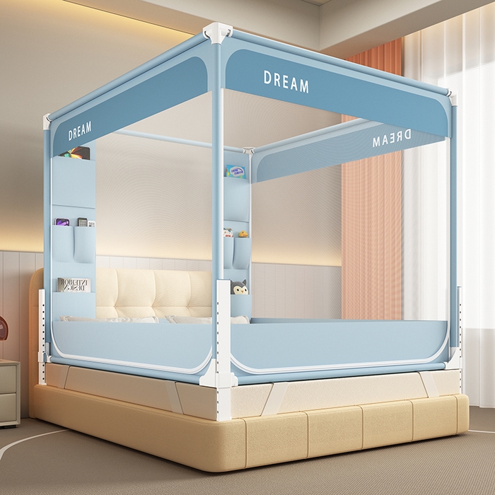 91家纺网 家纺一手货源 找家纺 富莱星蚊帐 2026新款双丝加厚坐床蚊帐大力士围栏擎天柱支架-梦境 梦境-深蓝