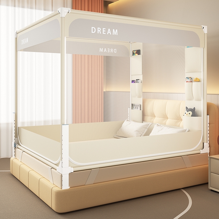 91家纺网 家纺一手货源 找家纺 富莱星蚊帐 2026新款双丝加厚坐床蚊帐大力士围栏擎天柱支架-梦境 梦境-卡其