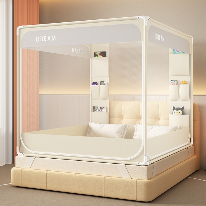 91家纺网 家纺一手货源 找家纺 富莱星蚊帐 2026新款双丝加厚坐床蚊帐大力士围栏擎天柱支架-梦境 梦境-卡其