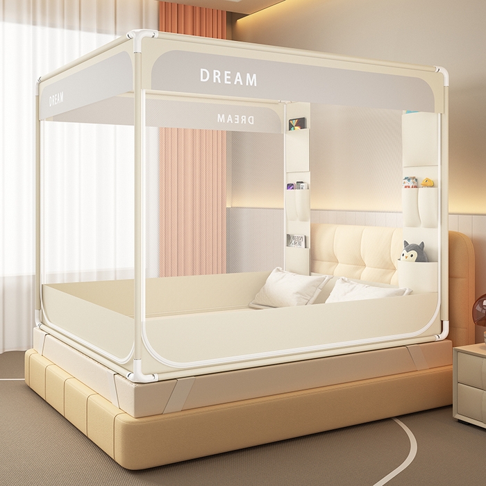 91家纺网 家纺一手货源 找家纺 富莱星蚊帐 2026新款双丝加厚坐床蚊帐大力士围栏擎天柱支架-梦境 梦境-卡其