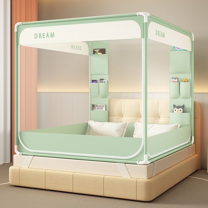 91家纺网 家纺一手货源 找家纺 富莱星蚊帐 2026新款双丝加厚坐床蚊帐大力士围栏擎天柱支架-梦境 梦境-绿