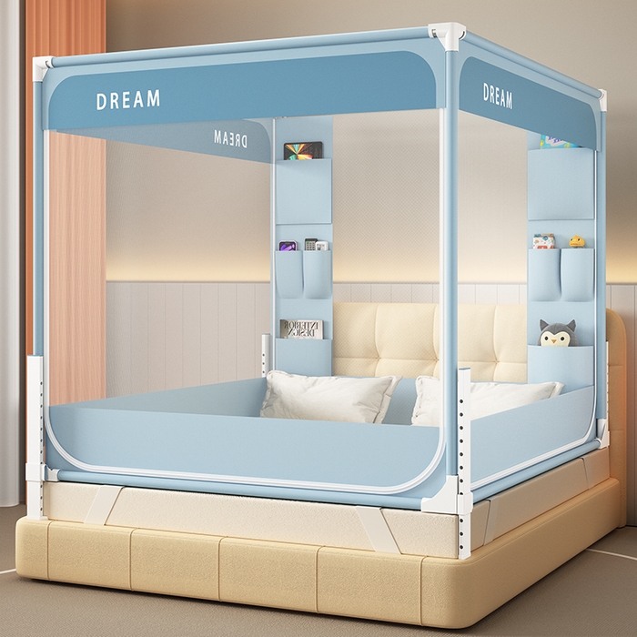 91家纺网 家纺一手货源 找家纺 富莱星蚊帐 2026新款双丝加厚坐床蚊帐大力士围栏擎天柱支架-梦境 梦境-深蓝