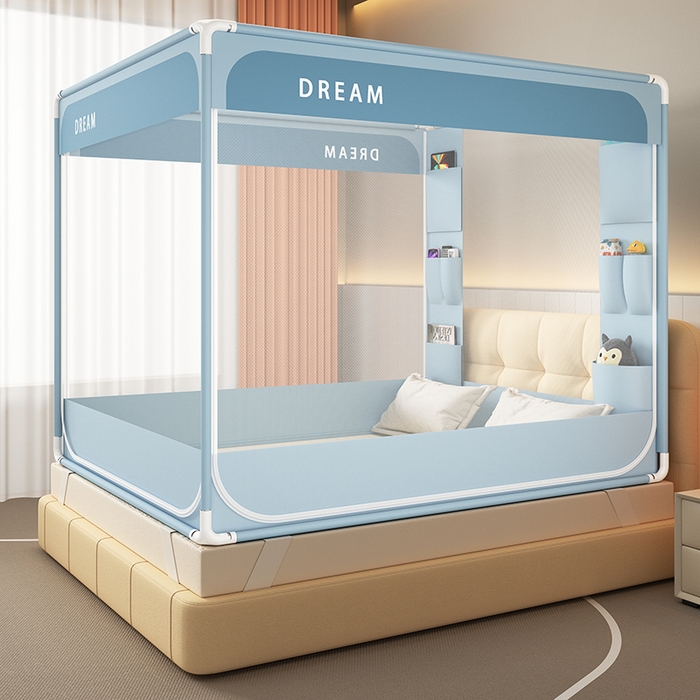 91家纺网 家纺一手货源 找家纺 富莱星蚊帐 2026新款双丝加厚坐床蚊帐大力士围栏擎天柱支架-梦境 梦境-深蓝