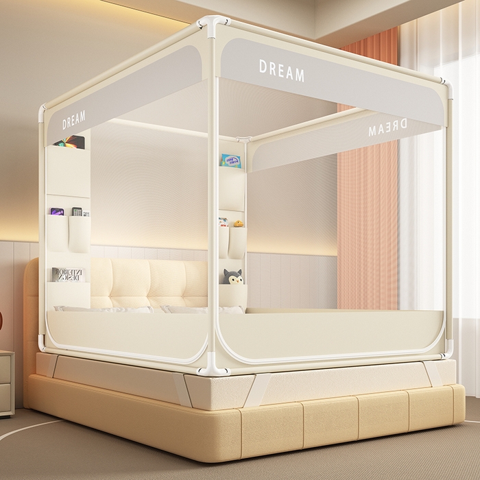 91家纺网 家纺一手货源 找家纺 富莱星蚊帐 2026新款双丝加厚坐床蚊帐大力士围栏擎天柱支架-梦境 梦境-卡其