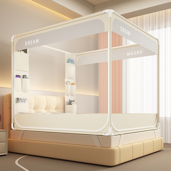 91家纺网 家纺一手货源 找家纺 富莱星蚊帐 2026新款双丝加厚坐床蚊帐大力士围栏擎天柱支架-梦境 梦境-卡其