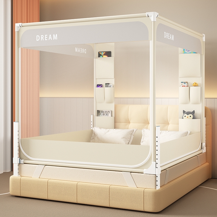 91家纺网 家纺一手货源 找家纺 富莱星蚊帐 2026新款双丝加厚坐床蚊帐大力士围栏擎天柱支架-梦境 梦境-卡其