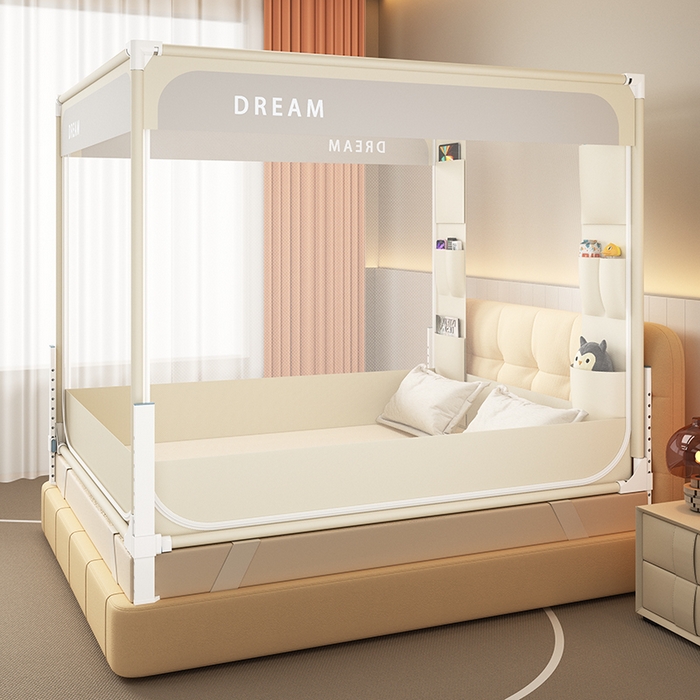 91家纺网 家纺一手货源 找家纺 富莱星蚊帐 2026新款双丝加厚坐床蚊帐大力士围栏擎天柱支架-梦境 梦境-卡其