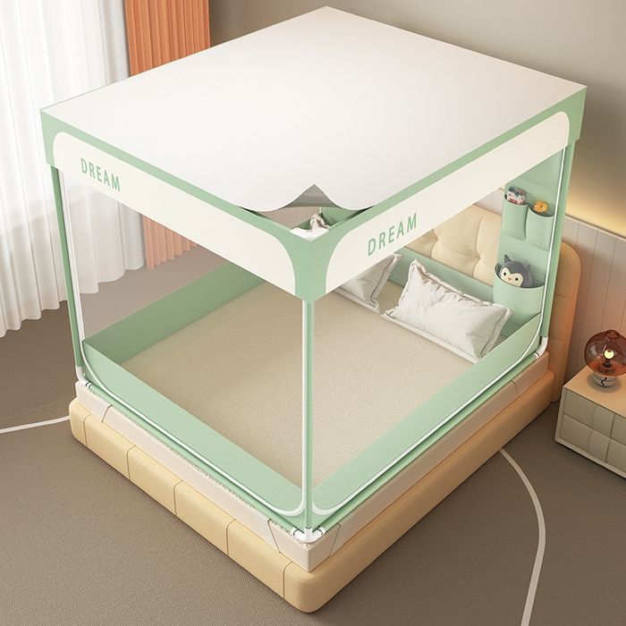 91家纺网 家纺一手货源 找家纺 富莱星蚊帐 2026新款双丝加厚坐床蚊帐大力士围栏擎天柱支架-梦境 梦境-绿