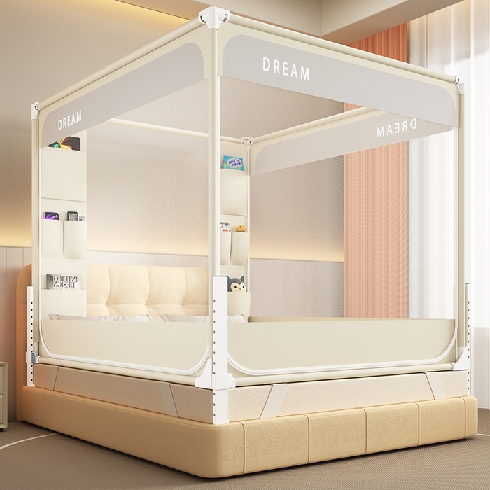 91家纺网 家纺一手货源 找家纺 富莱星蚊帐 2026新款双丝加厚坐床蚊帐大力士围栏擎天柱支架-梦境 梦境-卡其