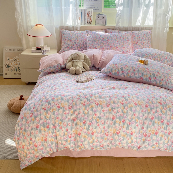 91家纺网 家纺一手货源 找家纺 红日子纺织品 2026春夏云感复古+小清新皱皱纱四件套 浓情郁金香