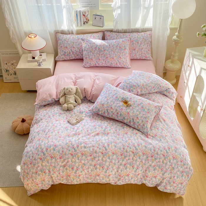 91家纺网 家纺一手货源 找家纺 红日子纺织品 2026春夏云感复古+小清新皱皱纱四件套 浓情郁金香