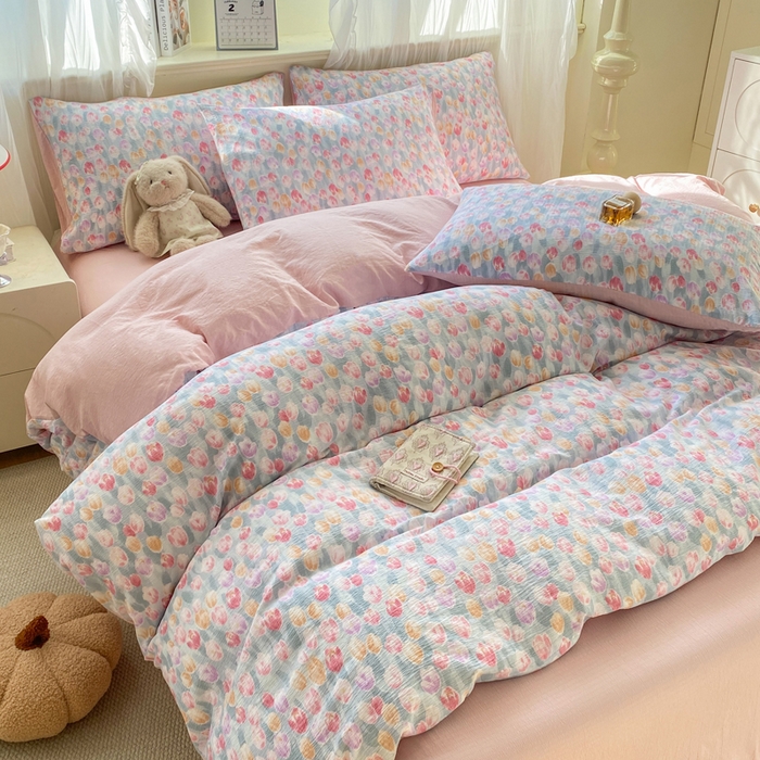 91家纺网 家纺一手货源 找家纺 红日子纺织品 2026春夏云感复古+小清新皱皱纱四件套 浓情郁金香