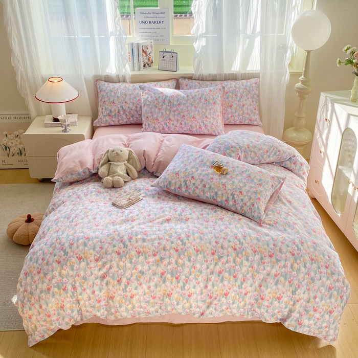 91家纺网 家纺一手货源 找家纺 红日子纺织品 2026春夏云感复古+小清新皱皱纱四件套 浓情郁金香