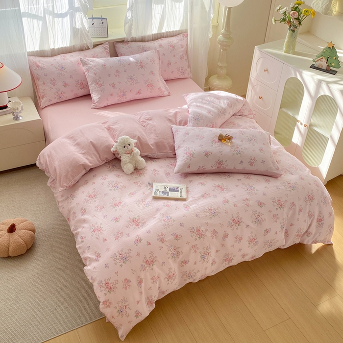 91家纺网 家纺一手货源 找家纺 红日子纺织品 2026春夏云感复古+小清新皱皱纱四件套 蔷薇序曲