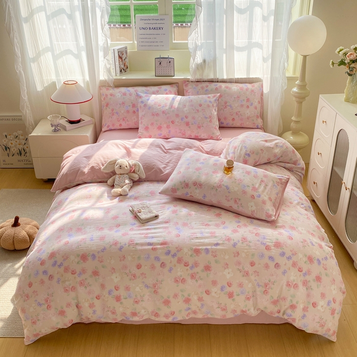 91家纺网 家纺一手货源 找家纺 红日子纺织品 2026春夏云感复古+小清新皱皱纱四件套 山花烂漫