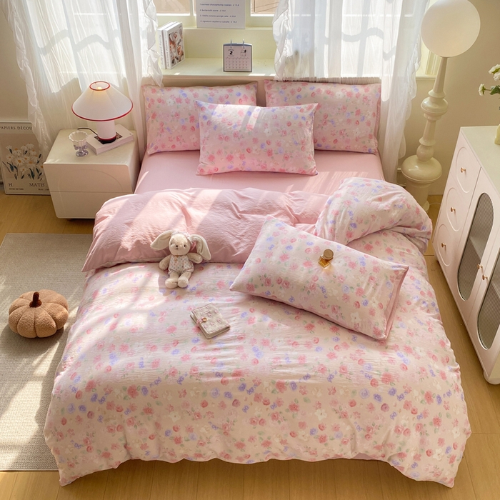 91家纺网 家纺一手货源 找家纺 红日子纺织品 2026春夏云感复古+小清新皱皱纱四件套 山花烂漫