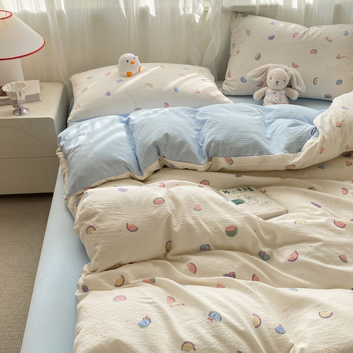 91家纺网 家纺一手货源 找家纺 红日子纺织品 2026春夏云感复古+小清新皱皱纱四件套 夏日缤纷