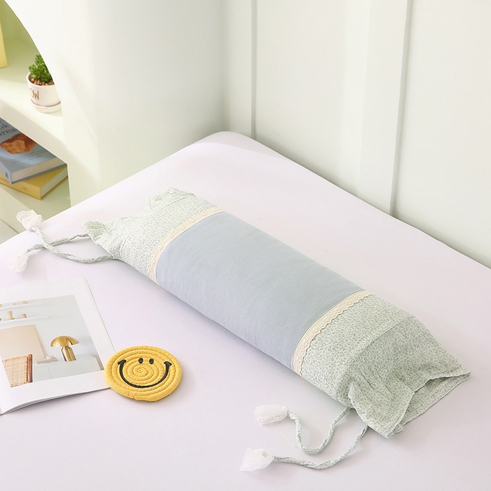 91家纺网 家纺一手货源 找家纺 蔻眠 绑带款全棉皱皱纱荞麦枕头糖果牵引护颈枕芯 天蓝