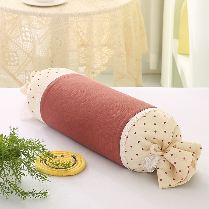 蔻眠 绑带款全棉皱皱纱荞麦枕头糖果牵引护颈枕芯 豆沙