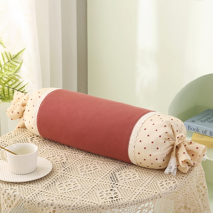 91家纺网 家纺一手货源 找家纺 蔻眠 绑带款全棉皱皱纱荞麦枕头糖果牵引护颈枕芯 豆沙