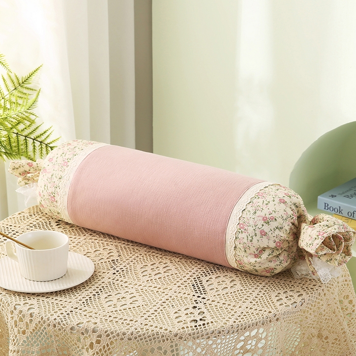 91家纺网 家纺一手货源 找家纺 蔻眠 绑带款全棉皱皱纱荞麦枕头糖果牵引护颈枕芯 粉色