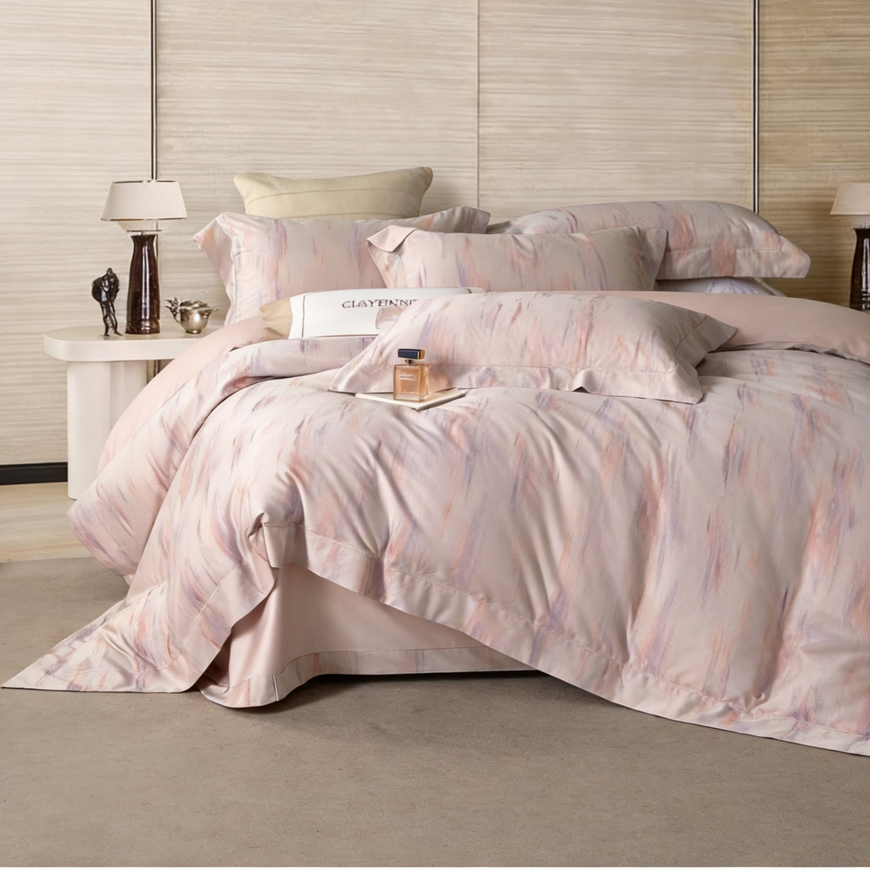 91家纺网 家纺一手货源 找家纺 淳绵家居 2026新款色织提花四件套 微梦 幻粉