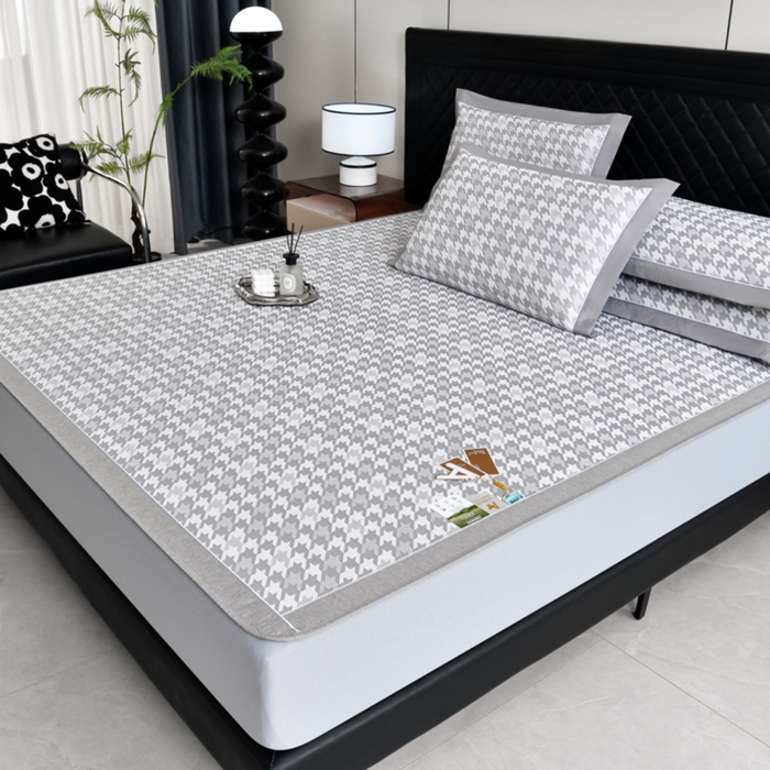 91家纺网 家纺一手货源 找家纺 小牛席业 2026新款PE千鸟格凉感冰丝席系列（床笠款） 灰色