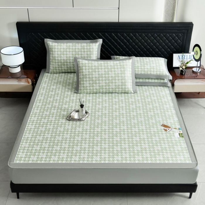 91家纺网 家纺一手货源 找家纺 小牛席业 2026新款PE千鸟格凉感冰丝席系列（床笠款） 绿色