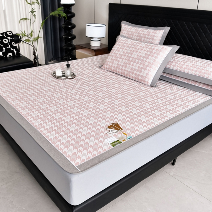 91家纺网 家纺一手货源 找家纺 小牛席业 2026新款PE千鸟格凉感冰丝席系列（床笠款） 粉色