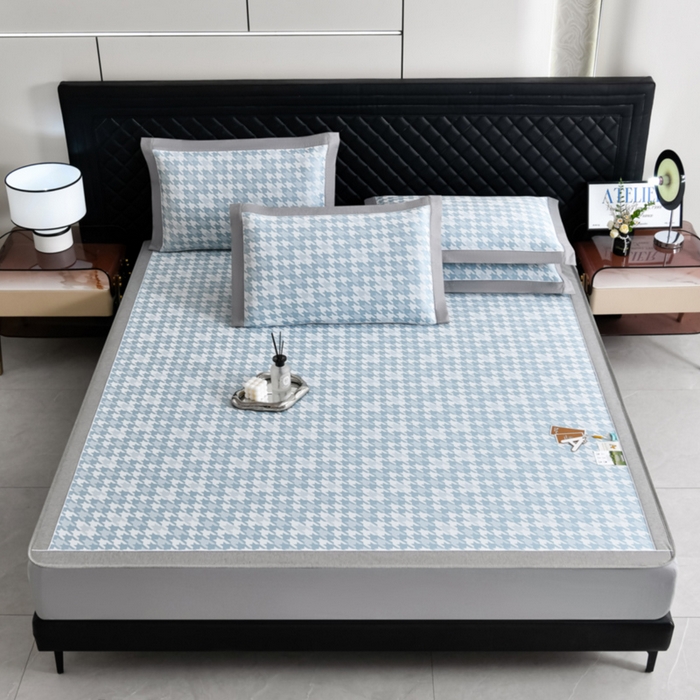 91家纺网 家纺一手货源 找家纺 小牛席业 2026新款PE千鸟格凉感冰丝席系列（床笠款） 蓝色