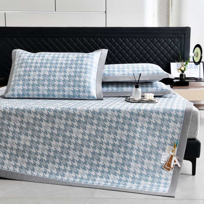 91家纺网 家纺一手货源 找家纺 小牛席业 2026新款PE千鸟格凉感冰丝席席子凉席 蓝色