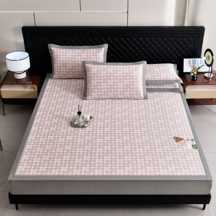 91家纺网 家纺一手货源 找家纺 小牛席业 2026新款PE千鸟格凉感冰丝席席子凉席 粉色