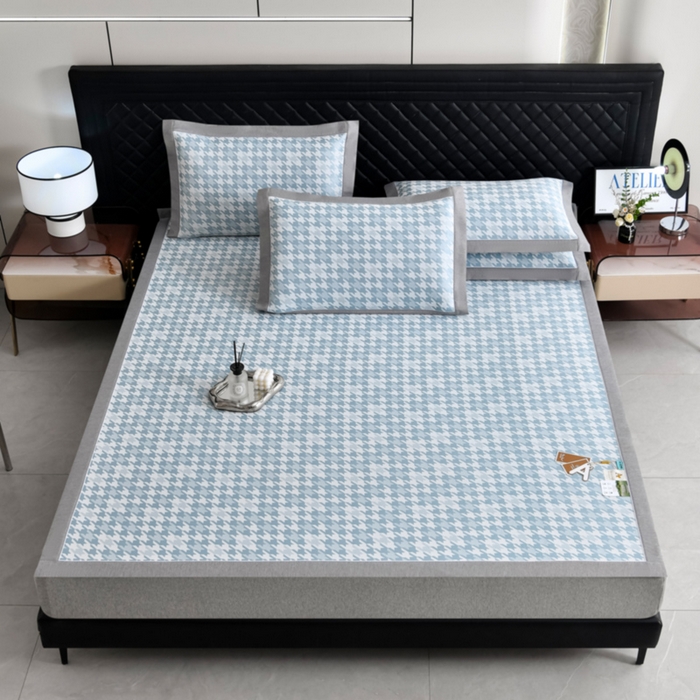 91家纺网 家纺一手货源 找家纺 小牛席业 2026新款PE千鸟格凉感冰丝席席子凉席 蓝色