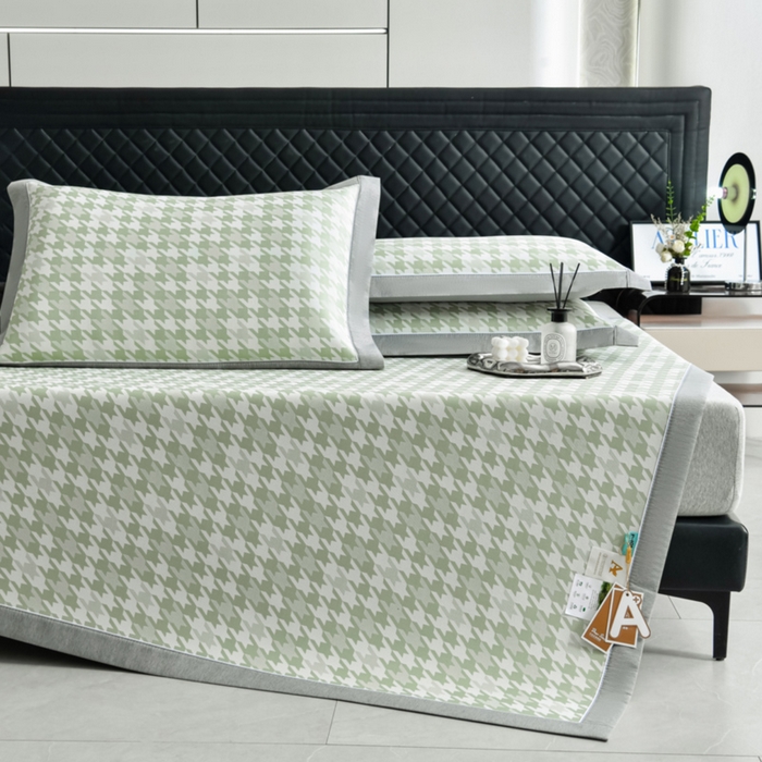 91家纺网 家纺一手货源 找家纺 小牛席业 2026新款PE千鸟格凉感冰丝席席子凉席 绿色