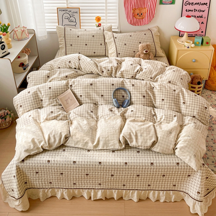 岚吉家纺 2026年新款A类法式全棉花边床盖三件套四件套 格子熊