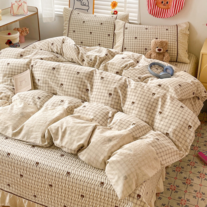 91家纺网 家纺一手货源 找家纺 岚吉家纺 2026年新款A类法式全棉花边床盖三件套四件套 格子熊