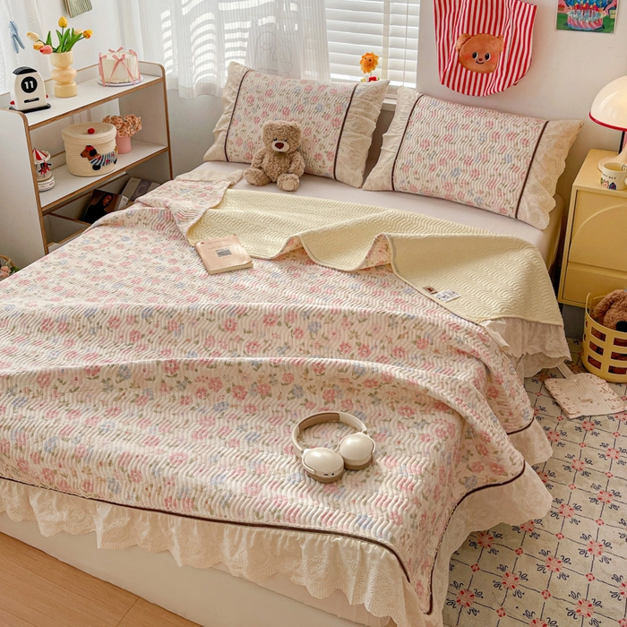 91家纺网 家纺一手货源 找家纺 岚吉家纺 2026年新款A类法式全棉花边床盖三件套四件套 花园-粉