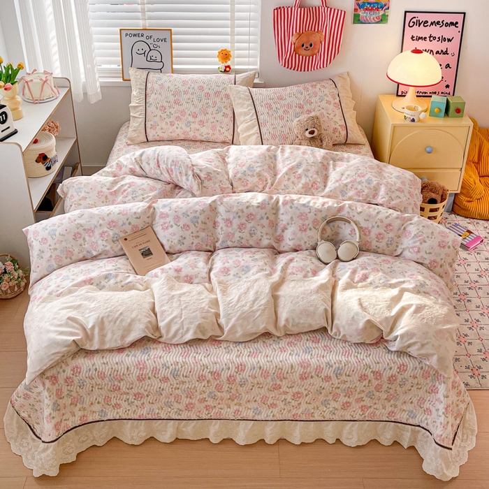 岚吉家纺 2026年新款A类法式全棉花边床盖三件套四件套 花园-粉