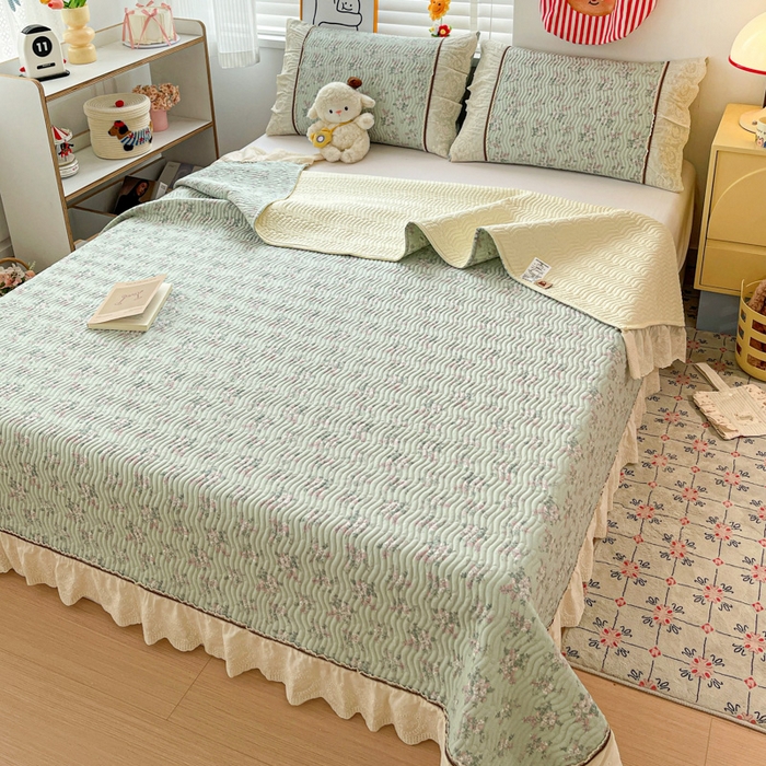 91家纺网 家纺一手货源 找家纺 岚吉家纺 2026年新款A类法式全棉花边床盖三件套四件套 丽莎-绿