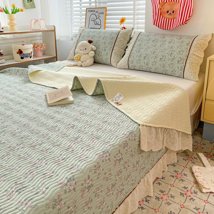 91家纺网 家纺一手货源 找家纺 岚吉家纺 2026年新款A类法式全棉花边床盖三件套四件套 丽莎-绿