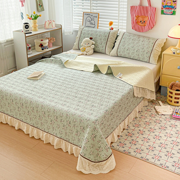 91家纺网 家纺一手货源 找家纺 岚吉家纺 2026年新款A类法式全棉花边床盖三件套四件套 丽莎-绿