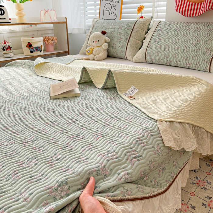 91家纺网 家纺一手货源 找家纺 岚吉家纺 2026年新款A类法式全棉花边床盖三件套四件套 丽莎-绿