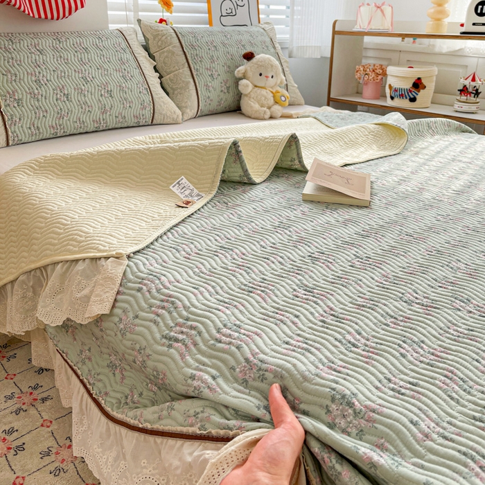 91家纺网 家纺一手货源 找家纺 岚吉家纺 2026年新款A类法式全棉花边床盖三件套四件套 丽莎-绿