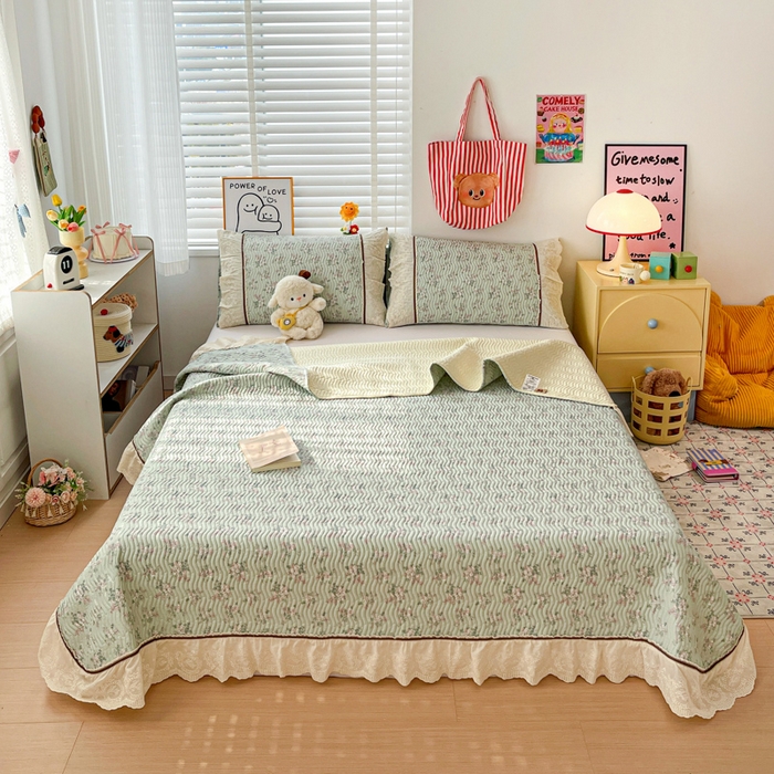 91家纺网 家纺一手货源 找家纺 岚吉家纺 2026年新款A类法式全棉花边床盖三件套四件套 丽莎-绿