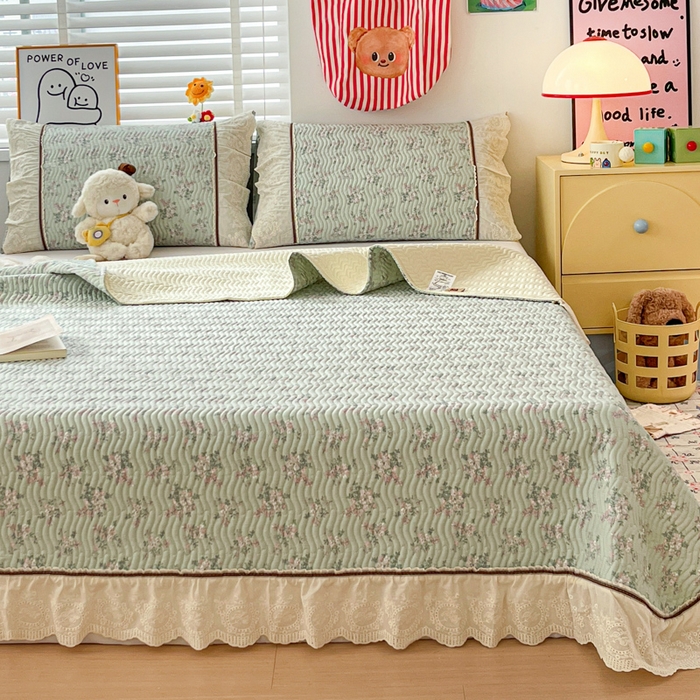 91家纺网 家纺一手货源 找家纺 岚吉家纺 2026年新款A类法式全棉花边床盖三件套四件套 丽莎-绿